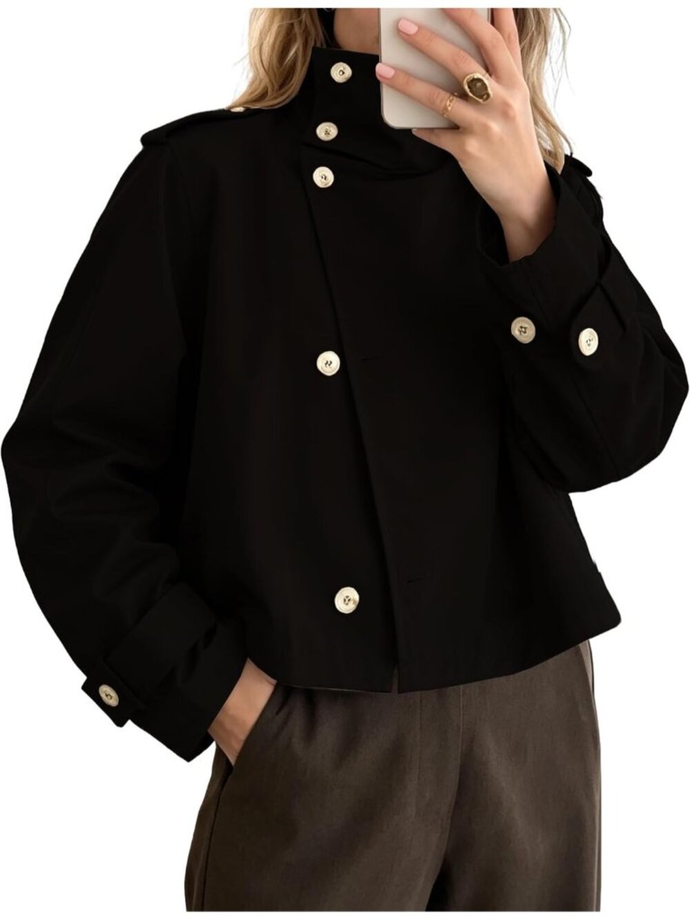 Women’s Black High Neck Cropped Button Down Windbreaker Jacket Trench Coat